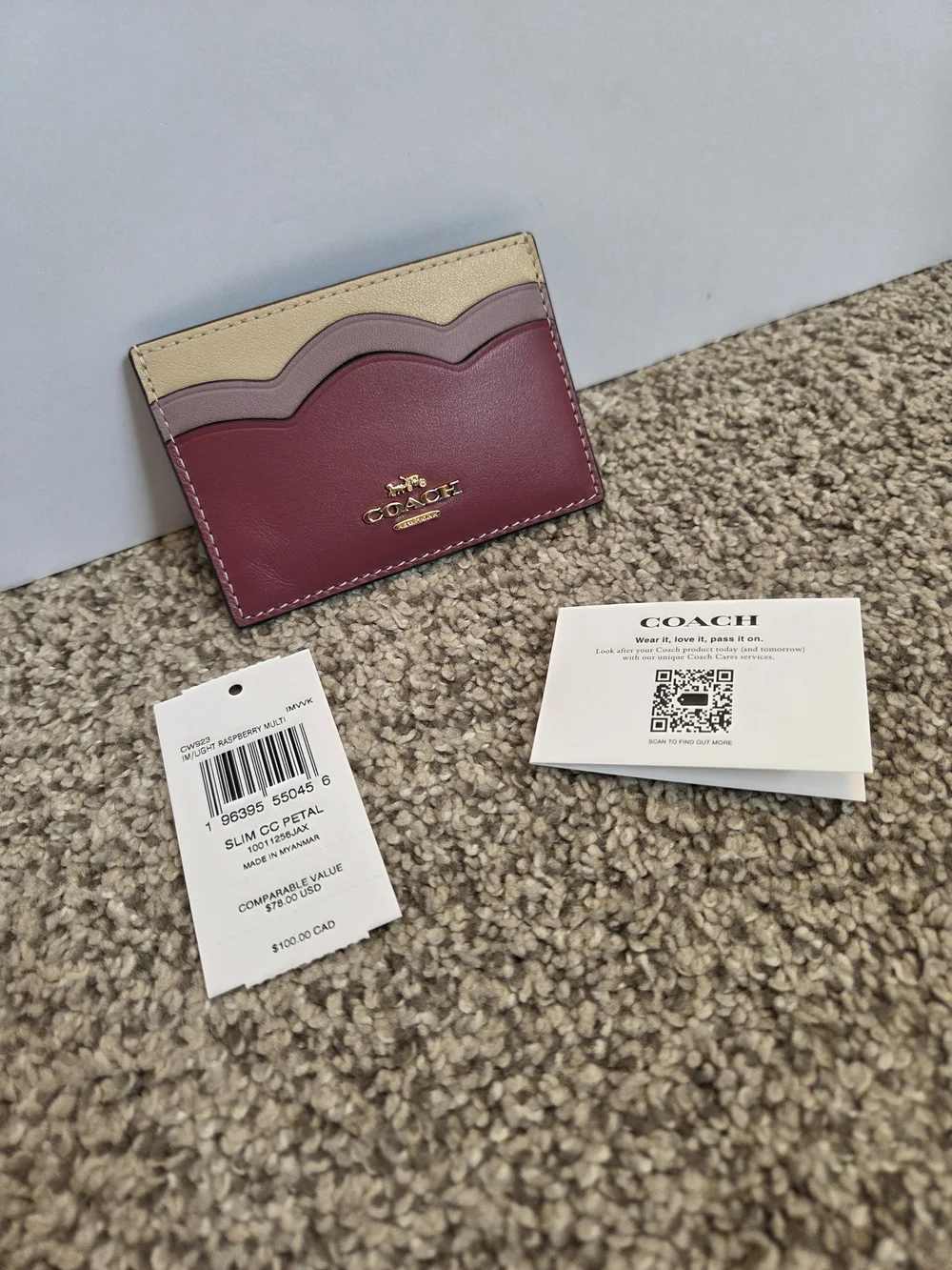 Coach Colorblock Leather Card Holder in Burgundy, Mauve & Cream